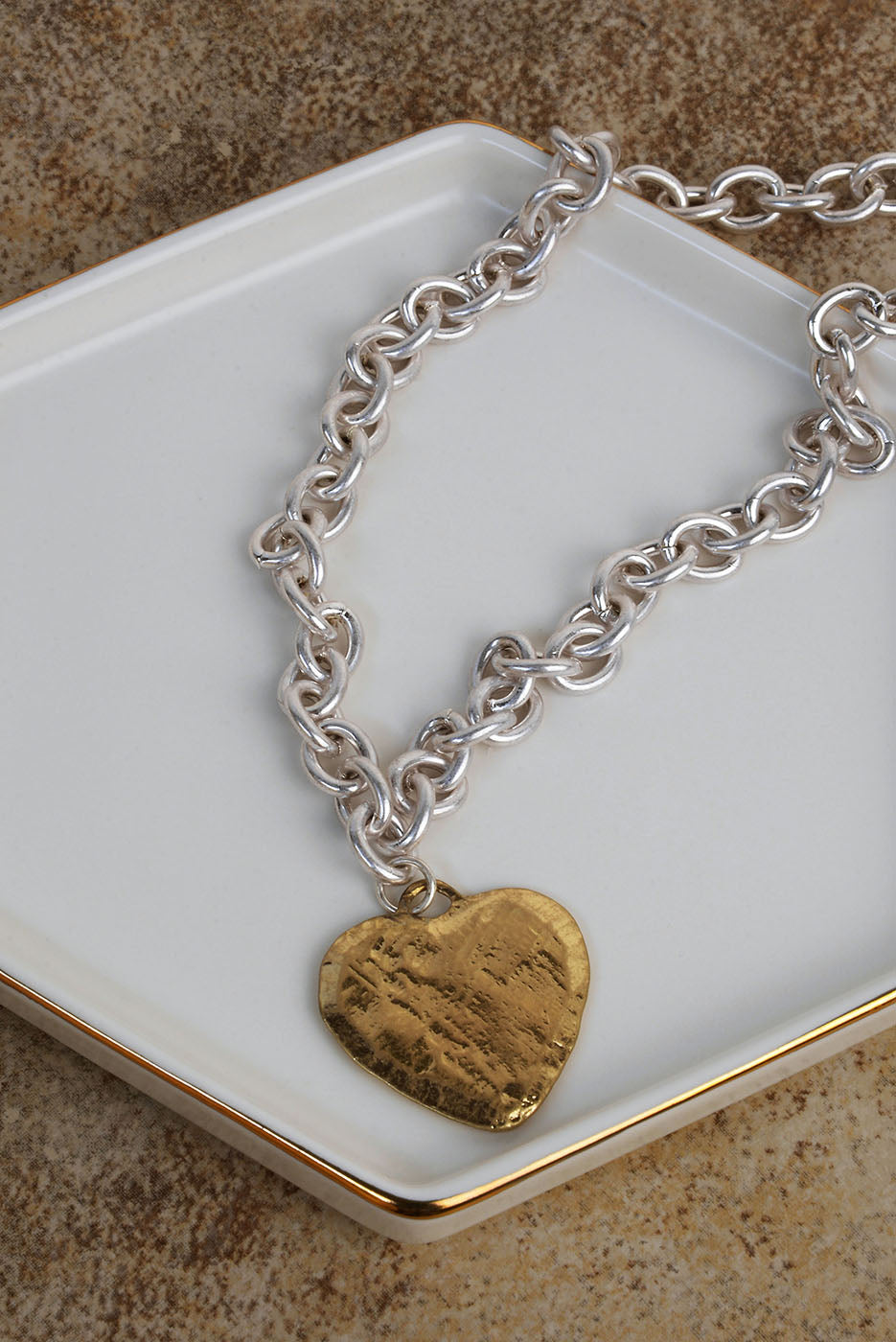 16" Mixed Metal Hammered Heart Necklace