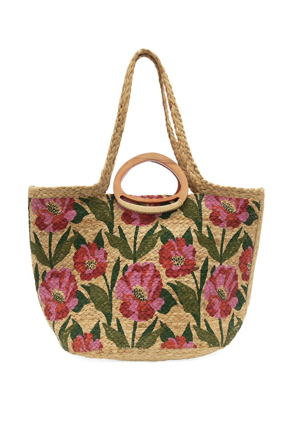 Poppy Painted Nell Wood Handle Jute Tote