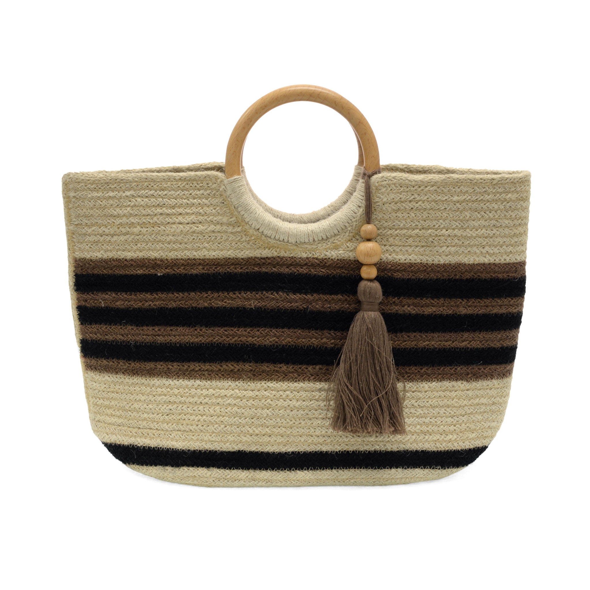 Striped Teagan Wood Handle Jute Tote w/ Tassel