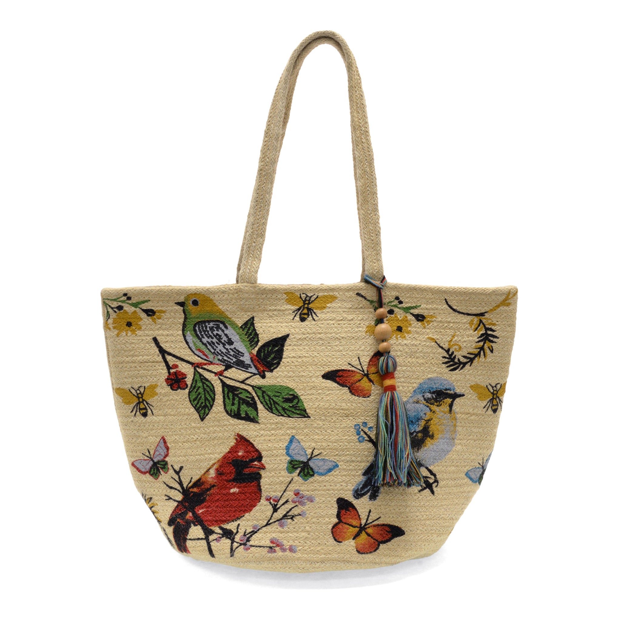 Painted Birds Avis Jute Tote w/ Tassel